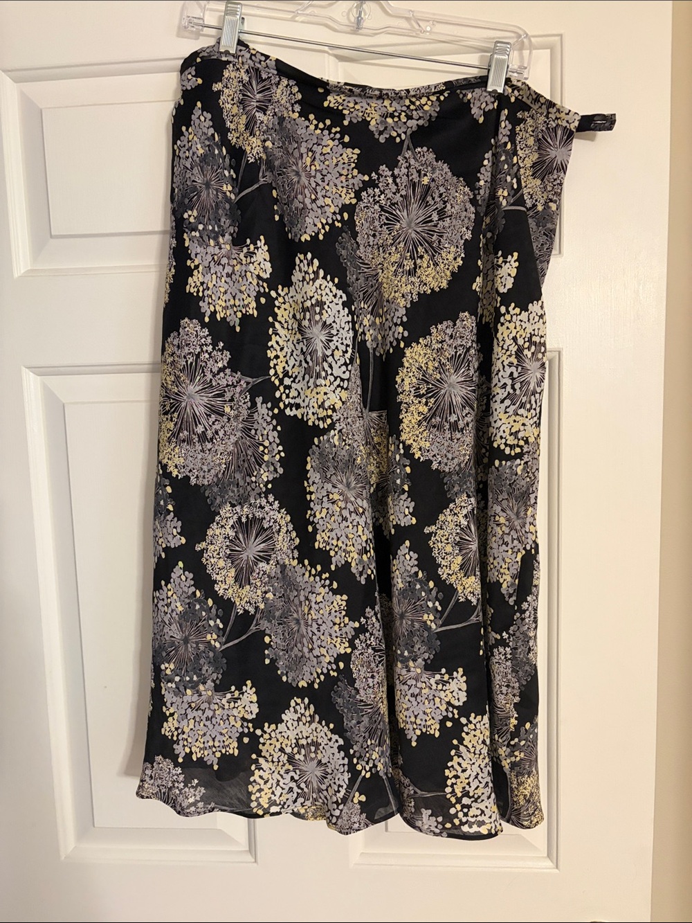 Talbots Black Floral A-Line Midi Skirt with Gray and Cream Accents